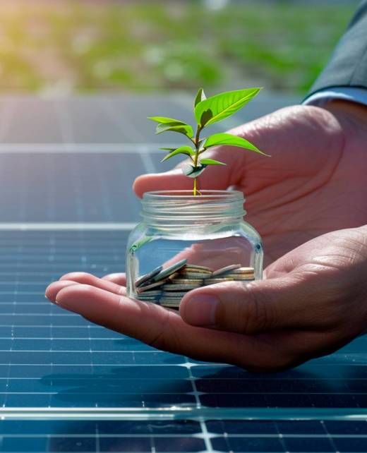 hand of a businessman holding a jar with coins and a sprout near solar panels